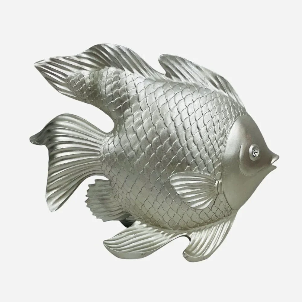 Large Silver Fantail Fish Resin Statue Jewel Rhinestone Eyes Sculpture Decor Art